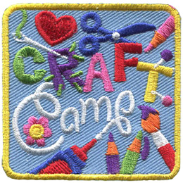 The words Craft Camp are stitched in the center of a patch. The R is replaced by a needle and thread. Various craft items decorate the background.