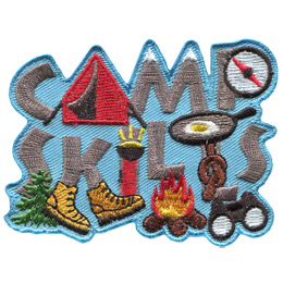 The words Camp Skills are made up of grey lettering and various camp activities such as hiking boots and a tent.