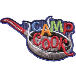 A frying pan extends diagonally from the top left to the bottom right, handle first. Inside the pan itself are the words 'Camp Cook' stacked on top of each other. Wisps of steam rise off the pan.