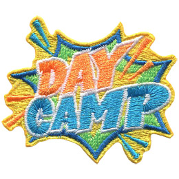 The words 'Day Camp' shoots out of an explosion bubble.