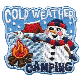 A camping snowman roasting a marshmallow over a campfire. The badge reads Cold Weather Camping.