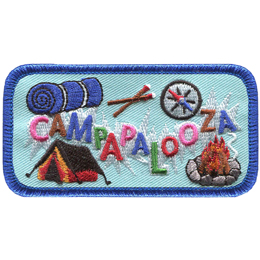 The word Campapalooza is laid out in a zig-zag pattern surrounded by different camping symbols.