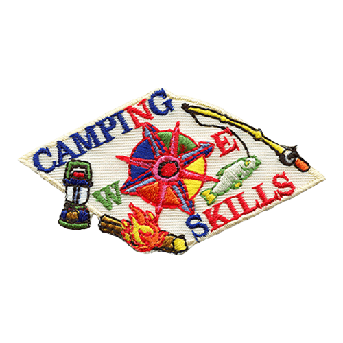 A diamond-shaped patch with a compass in the center, surrounded by different camping skills.