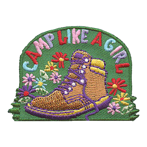 A work boot with purple laces surrounded by flowers. Camp Like A Girl is stitched in an arc above.