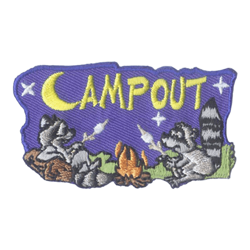 Two raccoons sit around a campfire roasting marshmallows. The word Campout is stitched in the starry night sky.
