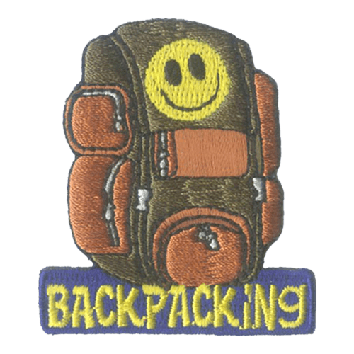 A hiking backpack with a yellow smiley face. The word Backpacking is stitched at the bottom.