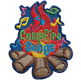 A blazing campfire is surrounded by colourful music notes. Inside the fire are the words Campfire Songs.