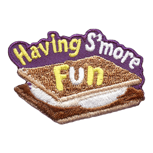 The words Having S'More Fun are stitched in yellow and white above a S'More.