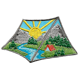 A patch in the shape of a tent with a beautiful mountain landscape inside.