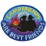 Two friends with ponytails sit next to a campfire. Text around the crest says Camp Friends Are Best Friends.