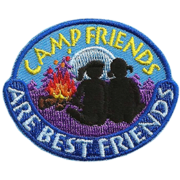 Two friends with ponytails sit next to a campfire. Text around the crest says Camp Friends Are Best Friends.