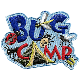 The words Bug Camp are above a tent surrounded by beetles and mosquitoes. 