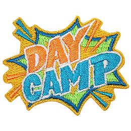 The words Day Camp are in bright orange and blue font within a spikey green bubble.