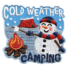A camping snowman roasts a marshmallow over a campfire. The badge reads Cold Weather Camping.