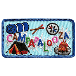 The word Campapalooza is laid out in a zig-zag pattern surrounded by different camping symbols.