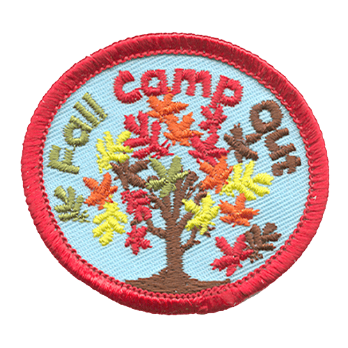 A tree with red, orange, yellow and brown leaves. The words Fall Camp Out are in an arch over the tree.