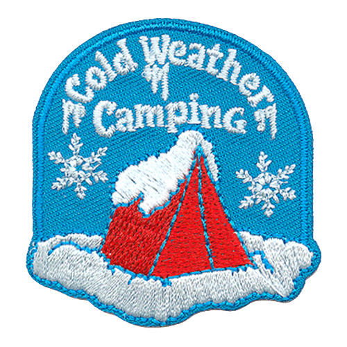 A single red tent is buried under a dump of fresh snow. Two large snowflakes, one standing on either side of the tent, drift down from the icicle covered words that say 'Cold Weather Camping.'