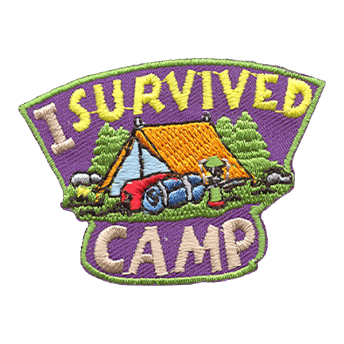 Trees surround a bright orange tent while two bed rolls and a lantern lay in front of it. The words I Survived are embroidered above the image and the word Camp bellow. 