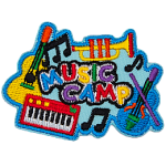 The words Music Camp are surrounded by music notes, a guitar, a trumpet, a keyboard and a violin.