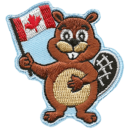 A cartoon beaver stands with one hand on its chest and the other waving a Canada Flag.