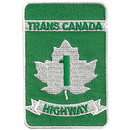 This patch resembles a road sign. A white maple leaf sits in between the words Trans Canada Highway. The number 1 is inside the leaf.