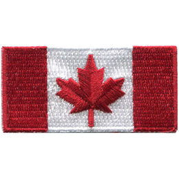 This rectangular flag has two thick vertical red stripes, one on the far right and one on the far left of the flag. In the center of the flag is a red maple leaf, the symbol of Canada, on a white square background.