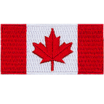 The Canadian flag. Two red stripes on either side of a white stripe. A red maple leaf is in the centre of the white stripe.