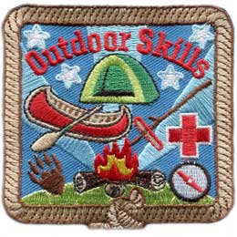 The words Outdoor Skills are above a tent, canoe, campfire, and many other camping symbols.
