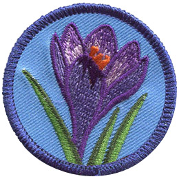 This round badge displays a purple crocus flower opening up in bloom. Three strands of grass poke up from the bottom of the patch, reaching towards the top.