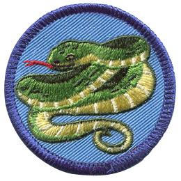 A green snake coiled around itself, sticking out its red tongue on a blue background.
