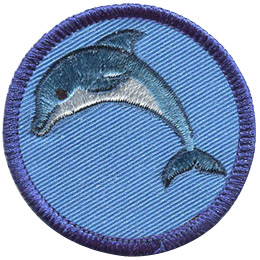 This round badge displays a blue dolphin with a white belly curved in an inverted 'U' position with it's tail on the right and head on the left.