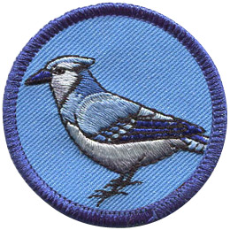 This merrow bordered circle badge displays the side view of a blue jay.