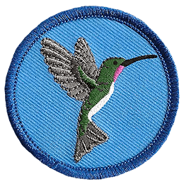 A hummingbird with wings spread wide open faces the right edge of this round circle badge.