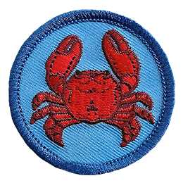 A crab is viewed from the top down on this circular crest.