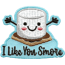 A marshmallow extends its hands in a big hug as it sits upon a layer of chocolate and gram cracker. Underneath it is the text \'I Like You S\'more\'.