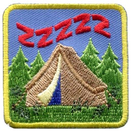 A brown tent in the woods with the letter Z above it a few times to represent sleep.