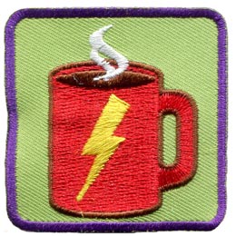 A red mug with a yellow lightning bolt. Steam is coming out the top.