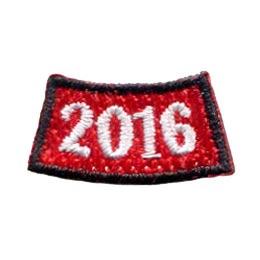 2016 is stitched in white on a curved red background.