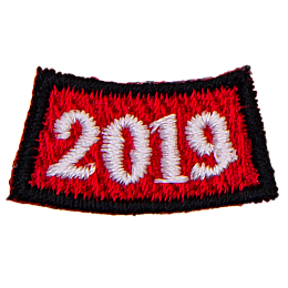 A curved red rectangle with the number 2019 in white lettering in the middle.