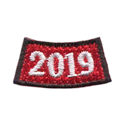A curved red rectangle with 2019 in white lettering in the middle.