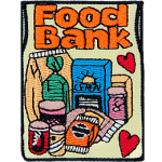 The words Food Bank are above a group of nonperishables and two red hearts.