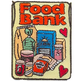 The words Food Bank are above a group of nonperishables and two red hearts.