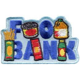 The words Food Bank are stitched in blue with some of the letters replaced by non-perishables. 