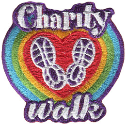 Two shoe prints are inside a red heart which grows in size as it changes colours (going from red, to yellow, to green, to blue, then to purple). The word 'Charity' sits at the top of the patch and 'Walk' rests at the bottom.