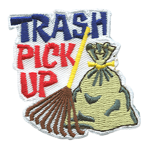 A green trash bag with a brown rake next to blue and red text that says Trash Pick Up.