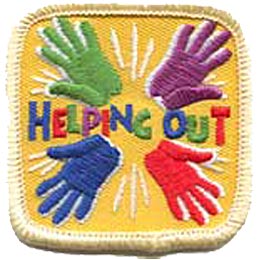 Four multi-coloured hands on a yellow background with the words Helping Out in the center. 
