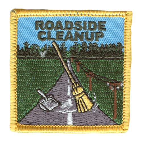 The words Roadside Cleanup are at the top of the patch. A broom sweeps the road, fading into the horizon.