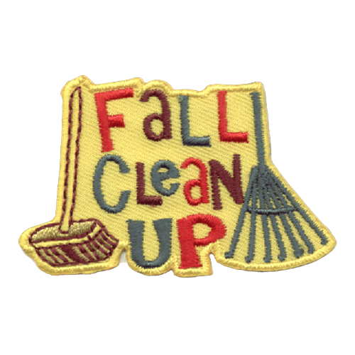 The words Fall Clean Up are in the middle of the badge. A push broom sits on the left and a rake on the right.