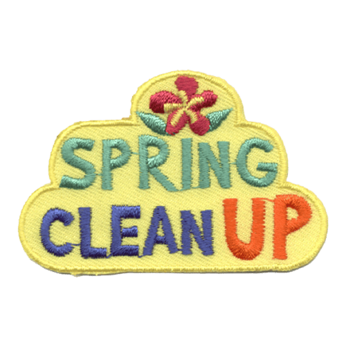 This yellow background patch has an orchid on top, followed by the stacked words Spring and Clean Up.