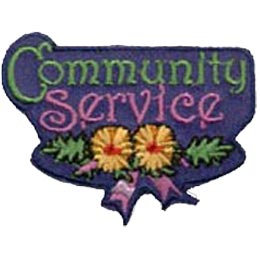 The words ''Community Service'' take up most of this patch.  Underneath the words are two yellow flowers with green leaves, tied together with a decorative ribbon.